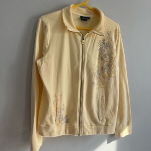 Women’s XL Butter Yellow Zip-Up Jacket with Floral Design